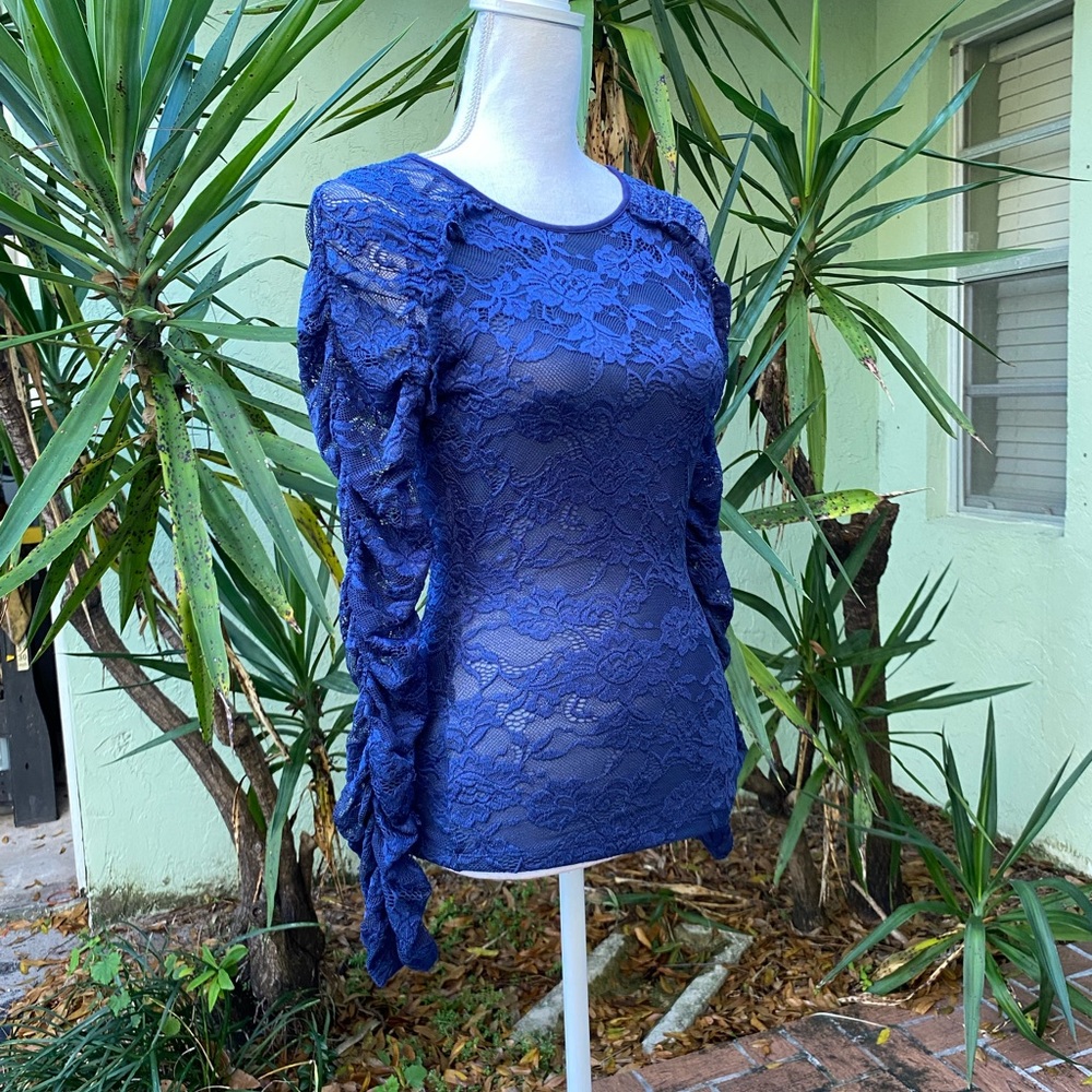 Bebe Ruched Lace Navy Top